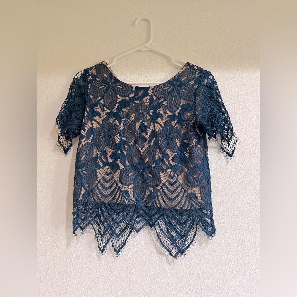 Express short-sleeved lace overlay decorative blouse : Dark blue